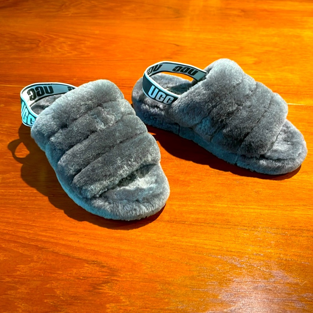 UGG Australia Fluff Yeah Womens Slide Slipper Size 7 Charcoal Gray Cozy Platform